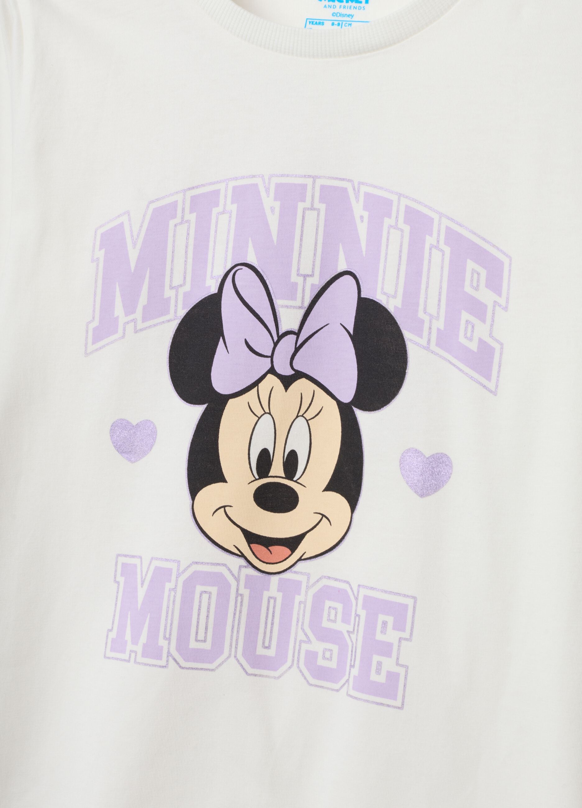 Pijama branco e roxo em puro algod&atilde;o org&acirc;nico com padr&atilde;o da Minnie