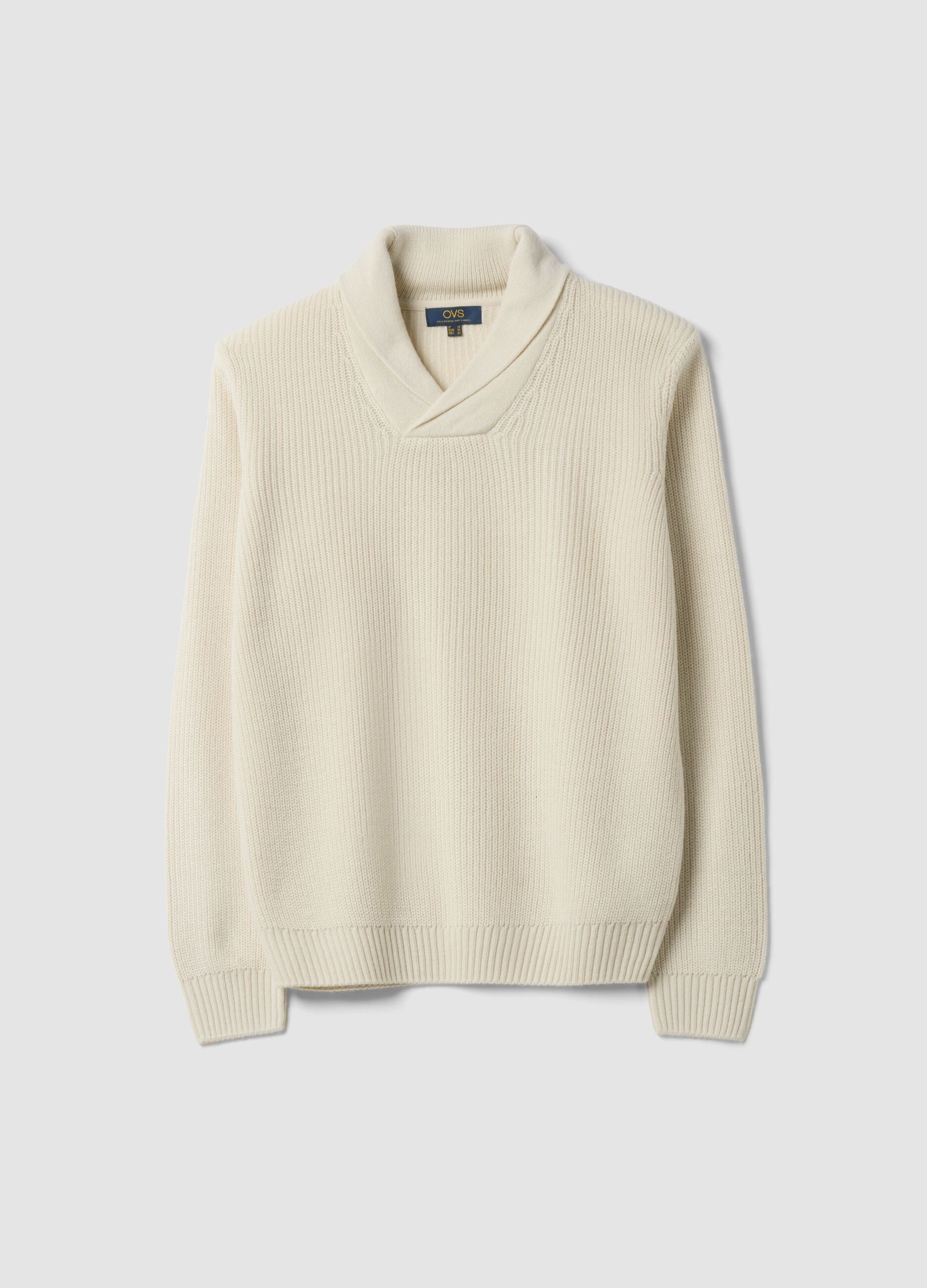 Beige ribbed shawl-collar jumper, regular fit