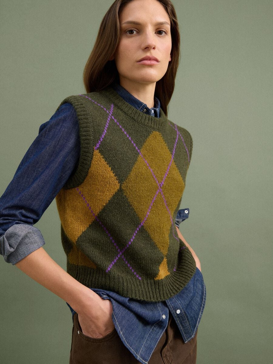 Gr&uuml;ne Jacquard-Weste aus Wollmischung mit Rundhalsausschnitt, Regular Fit_2
