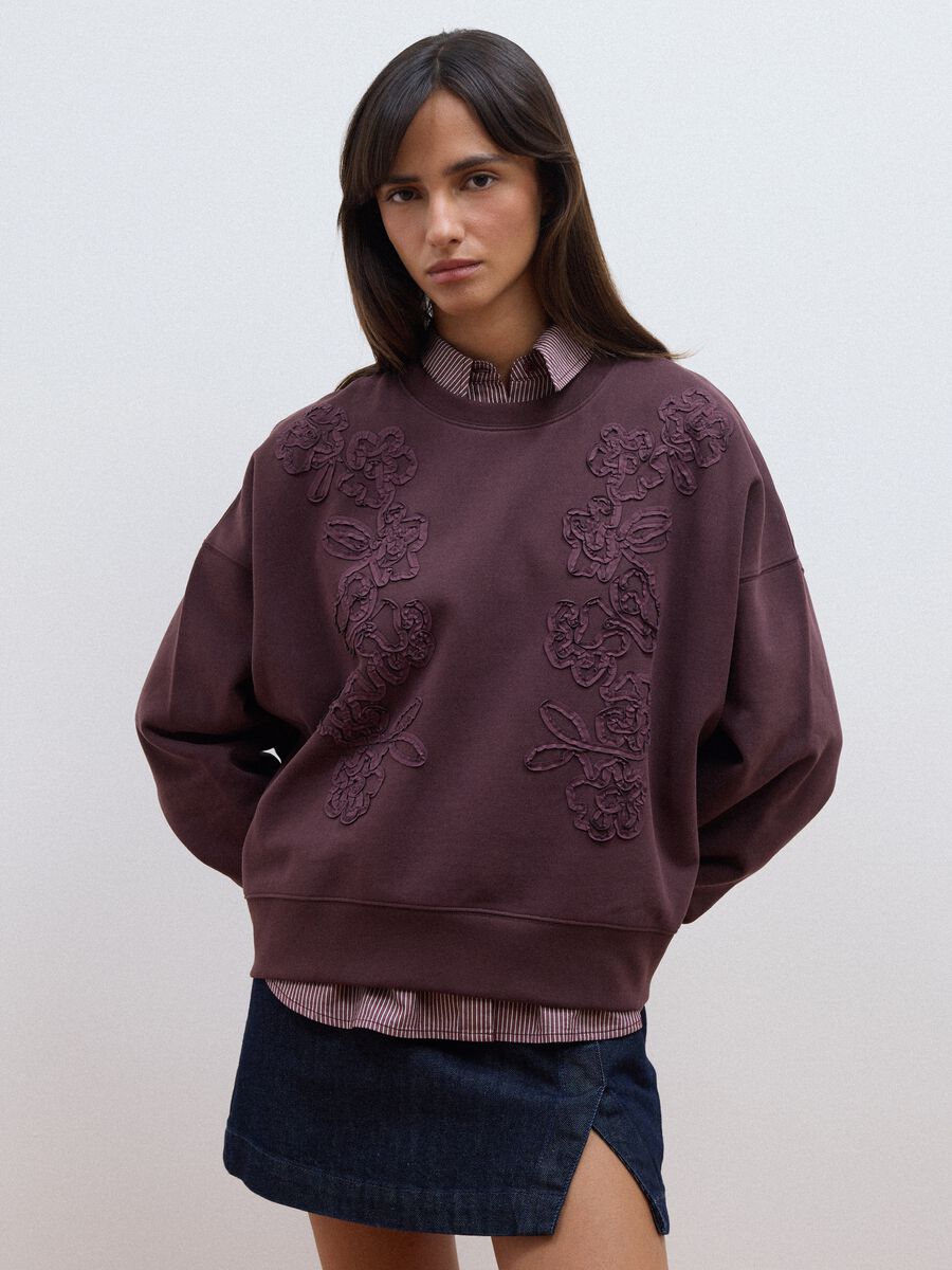 Purple cotton-blend crew-neck sweatshirt with floral embroidery_1