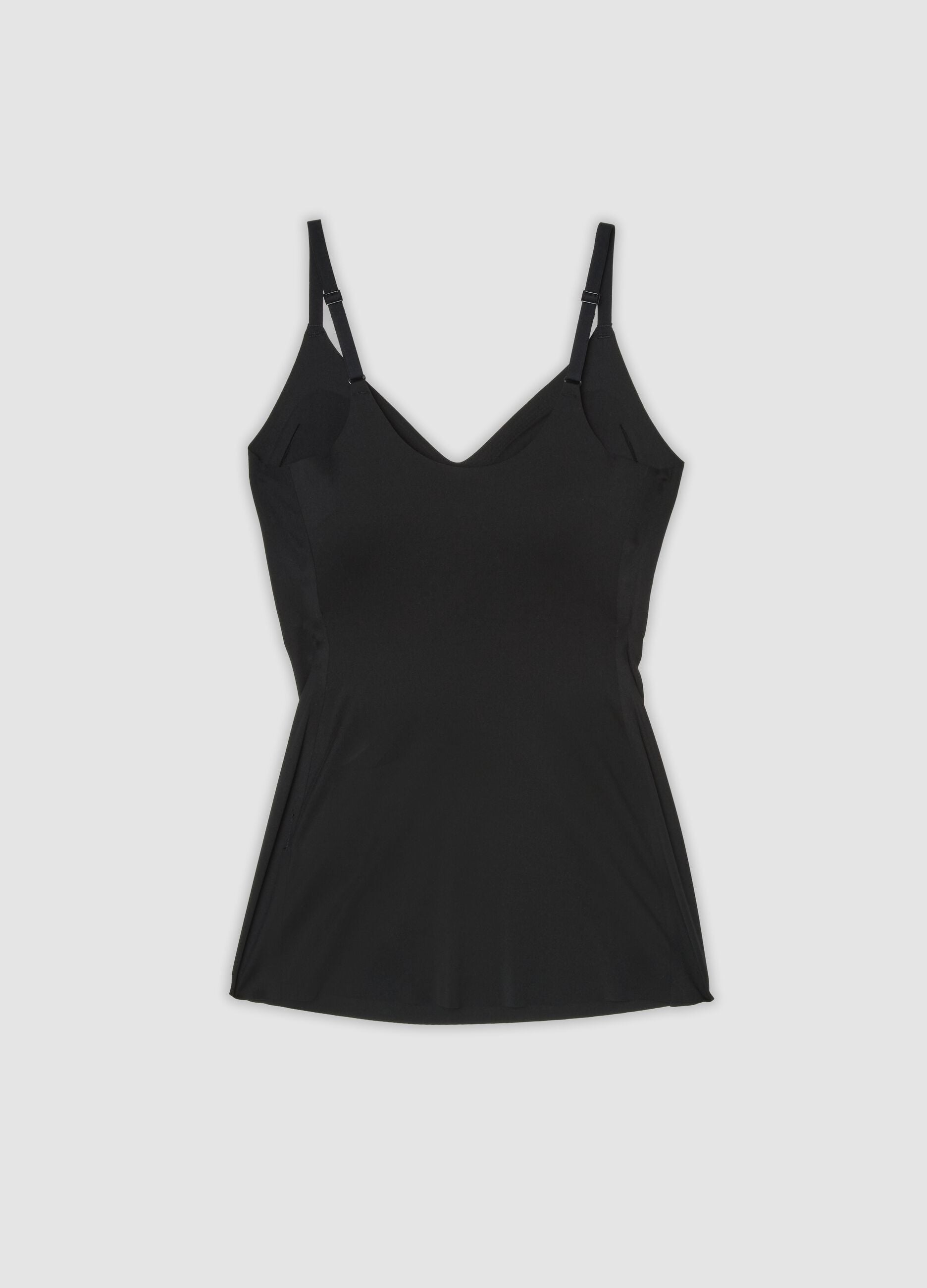 Black stretch-fabric vest top with plunging neckline