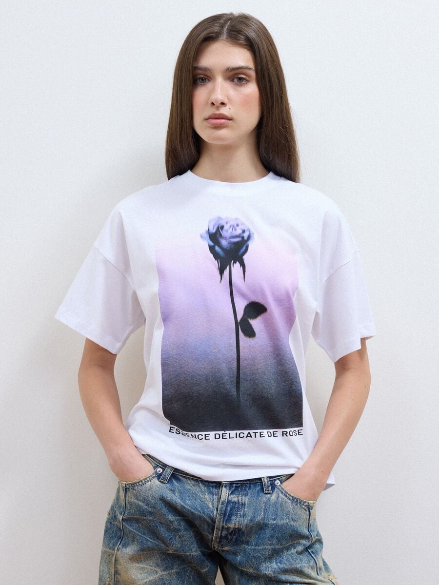 White pure cotton T-shirt with floral print, regular fit_0