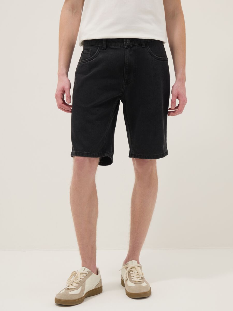 Black denim cotton blend slim fit shorts_1