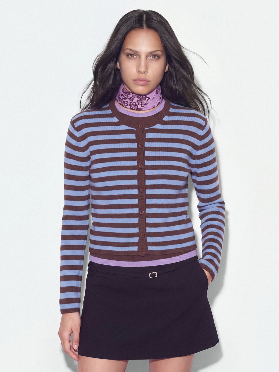 Light blue crew-neck striped cardigan in lyocell-wool blend, oversized fit_1