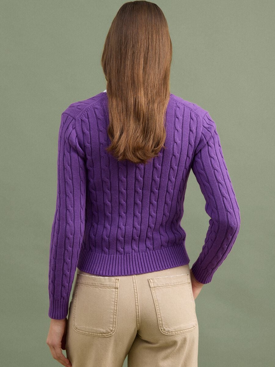 Purple pure cotton cable-knit jumper with deep V-neck_3
