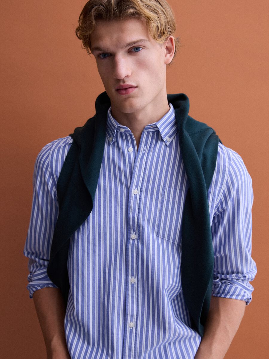 Blue striped pure cotton Oxford shirt, regular fit_1