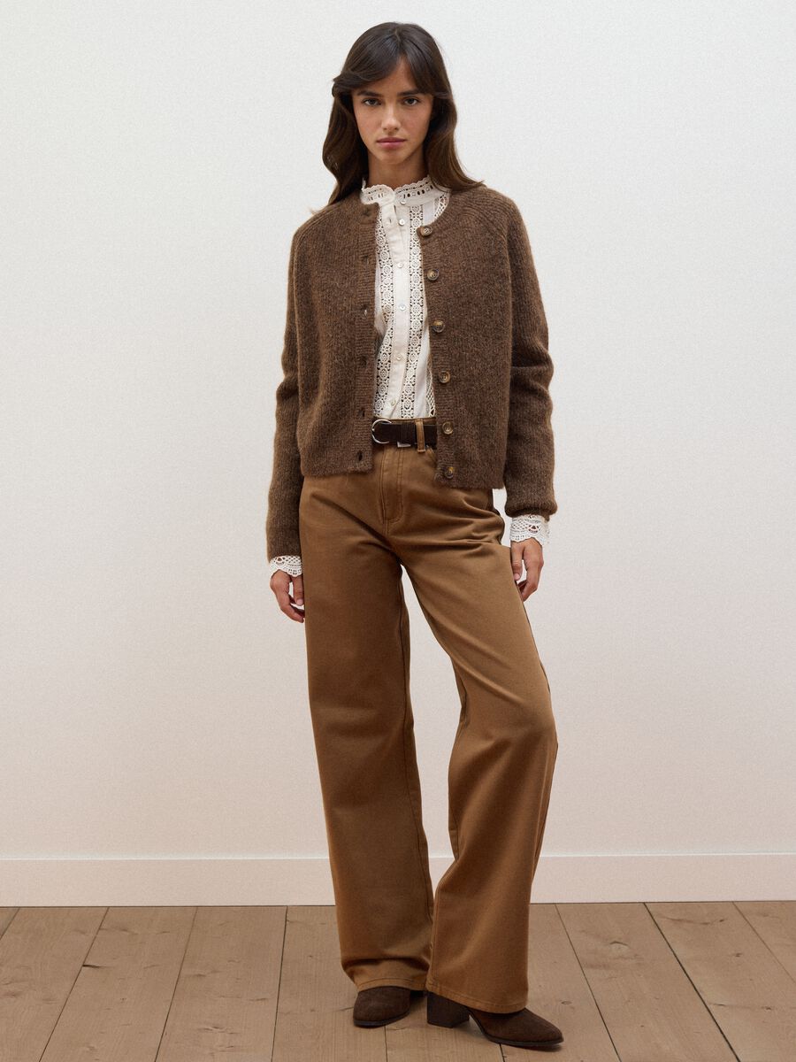 Brown stretchy wool and alpaca crew-neck cardigan_1