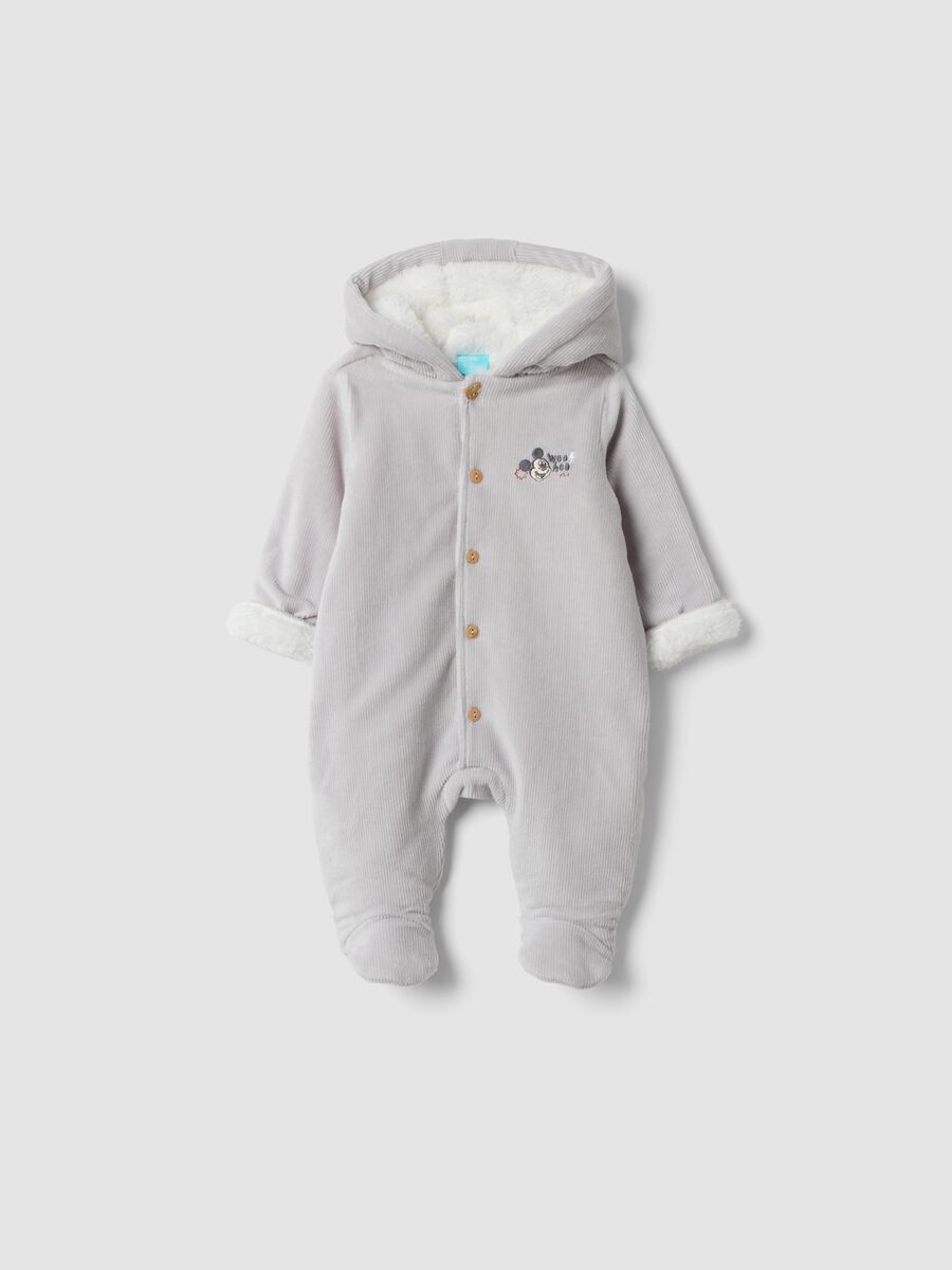 Tutina grigia con cappuccio in cotone organico elasticizzato con stampa Mickey_0