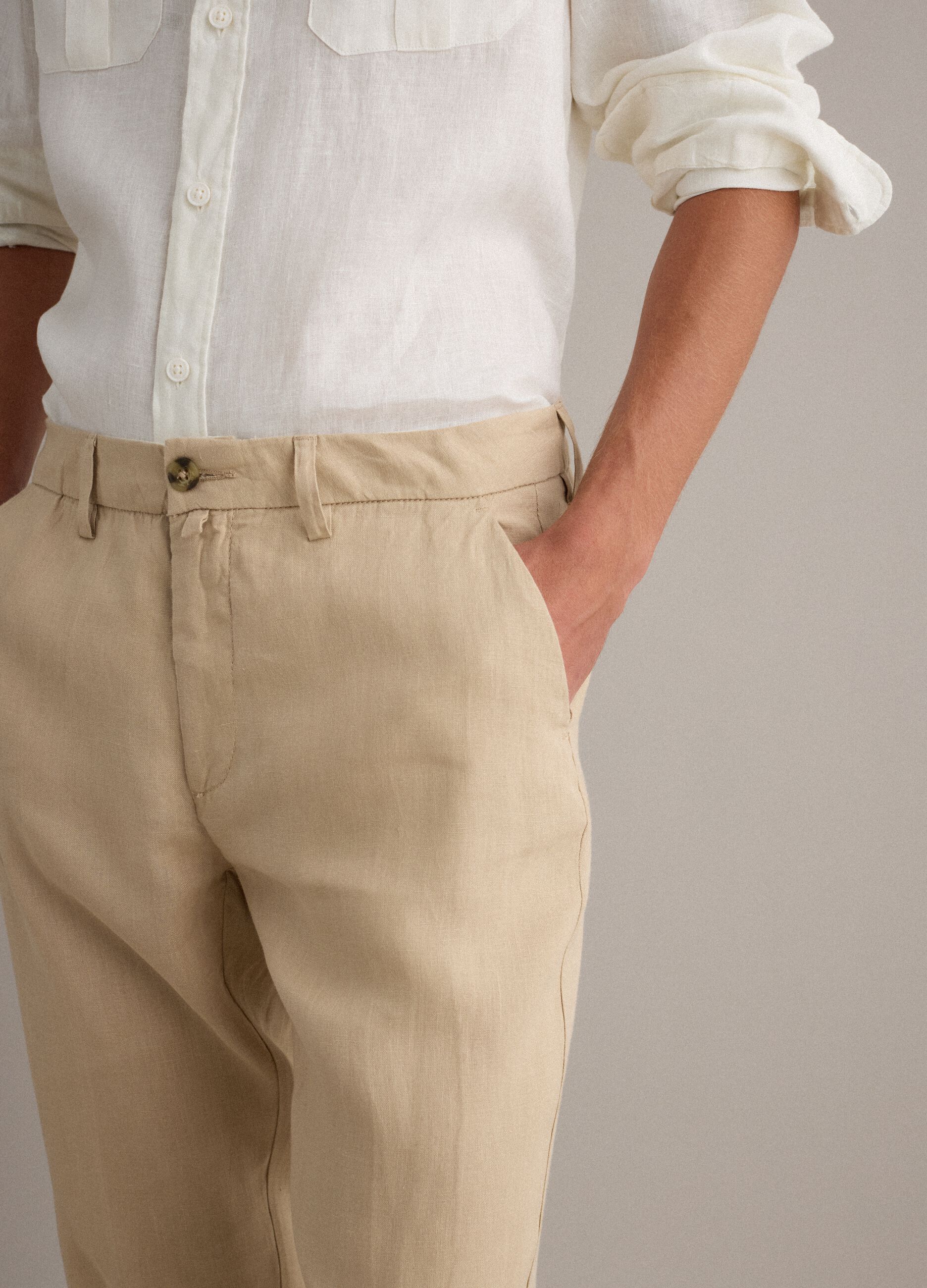 Beige pure linen chino trousers, regular fit