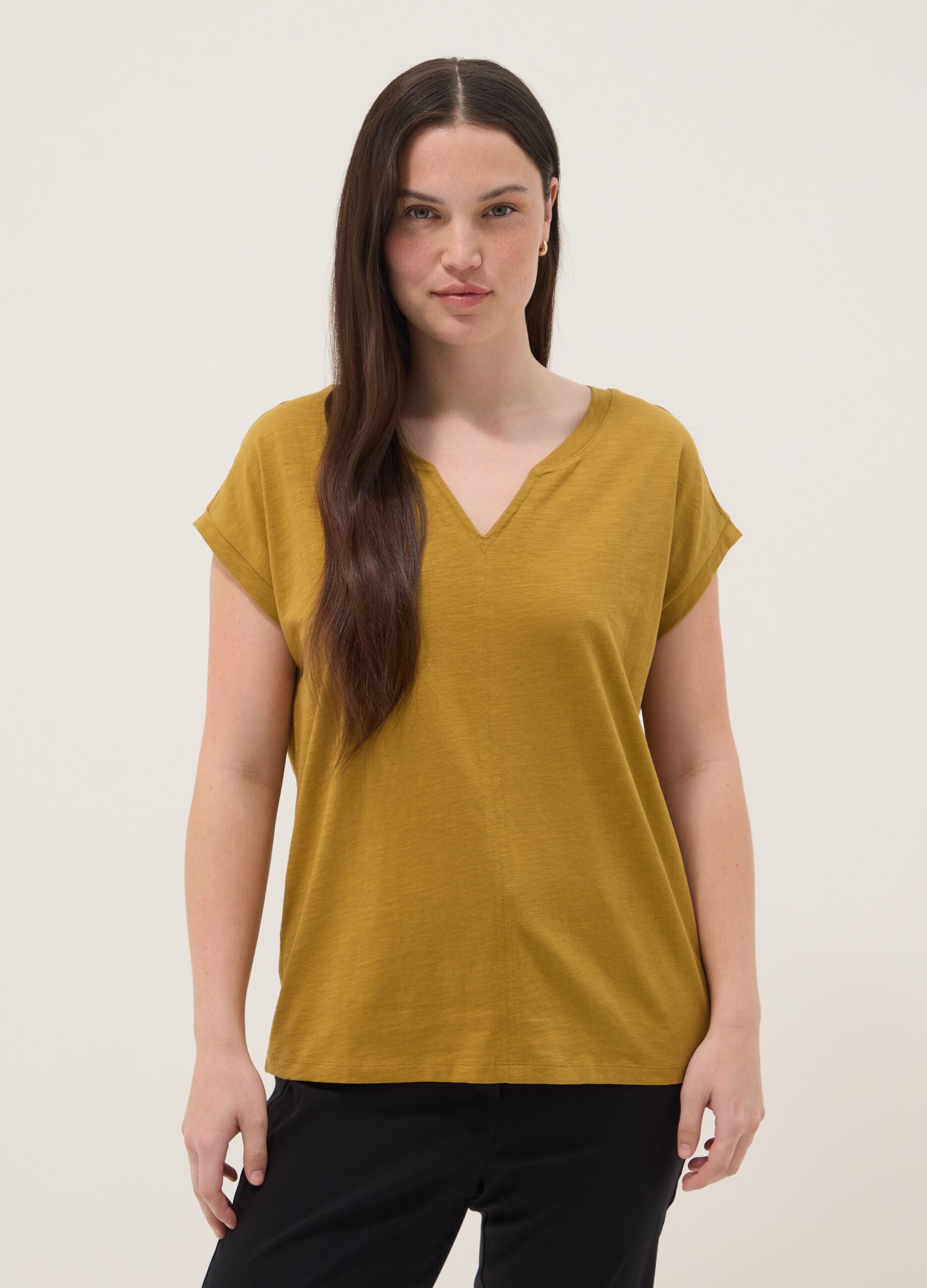 Yellow pure cotton regular fit V-neck T-shirt