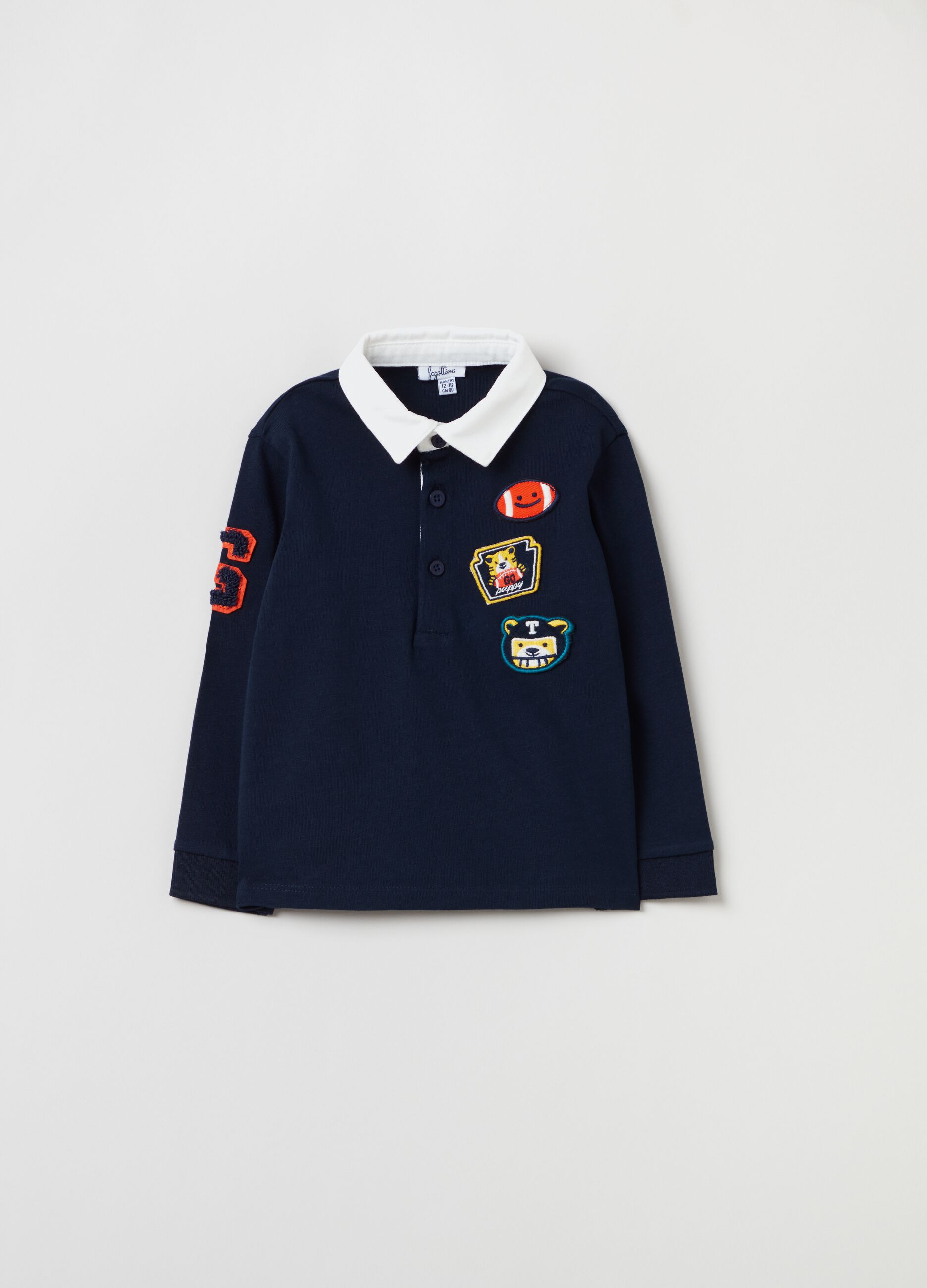 Long-sleeved polo shirt with animal patches_0