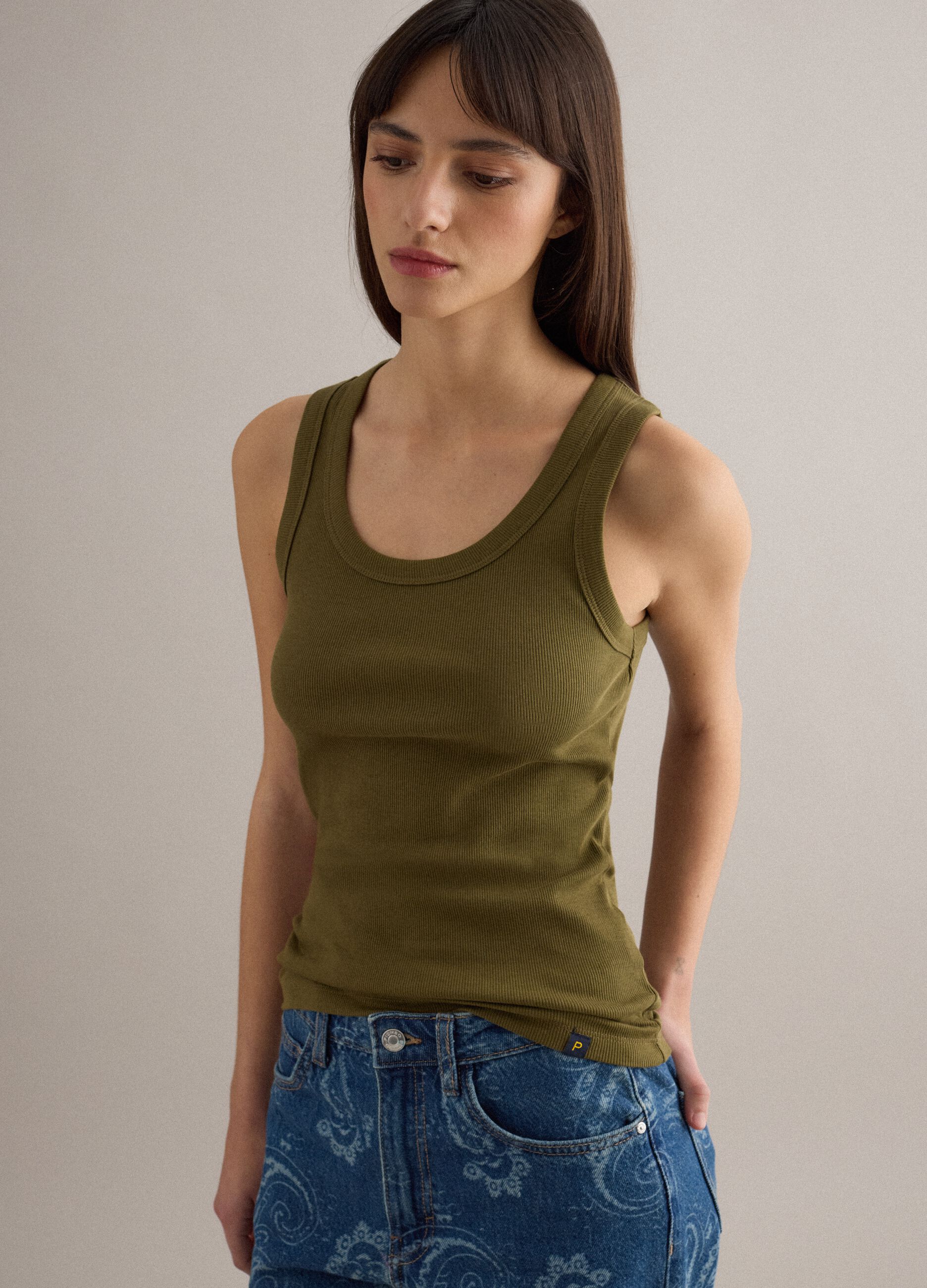 Green stretch cotton regular fit tank top