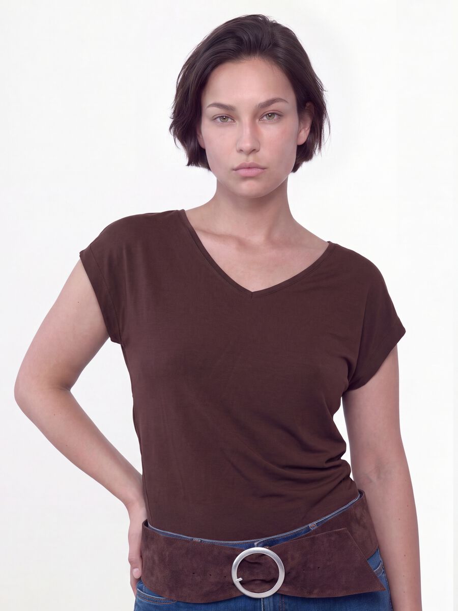 Brown pure viscose V-neck T-shirt, regular fit_3