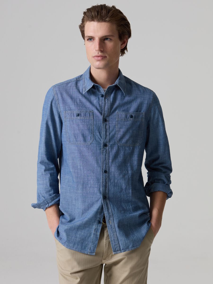 Chambray cotton shirt with pockets_0