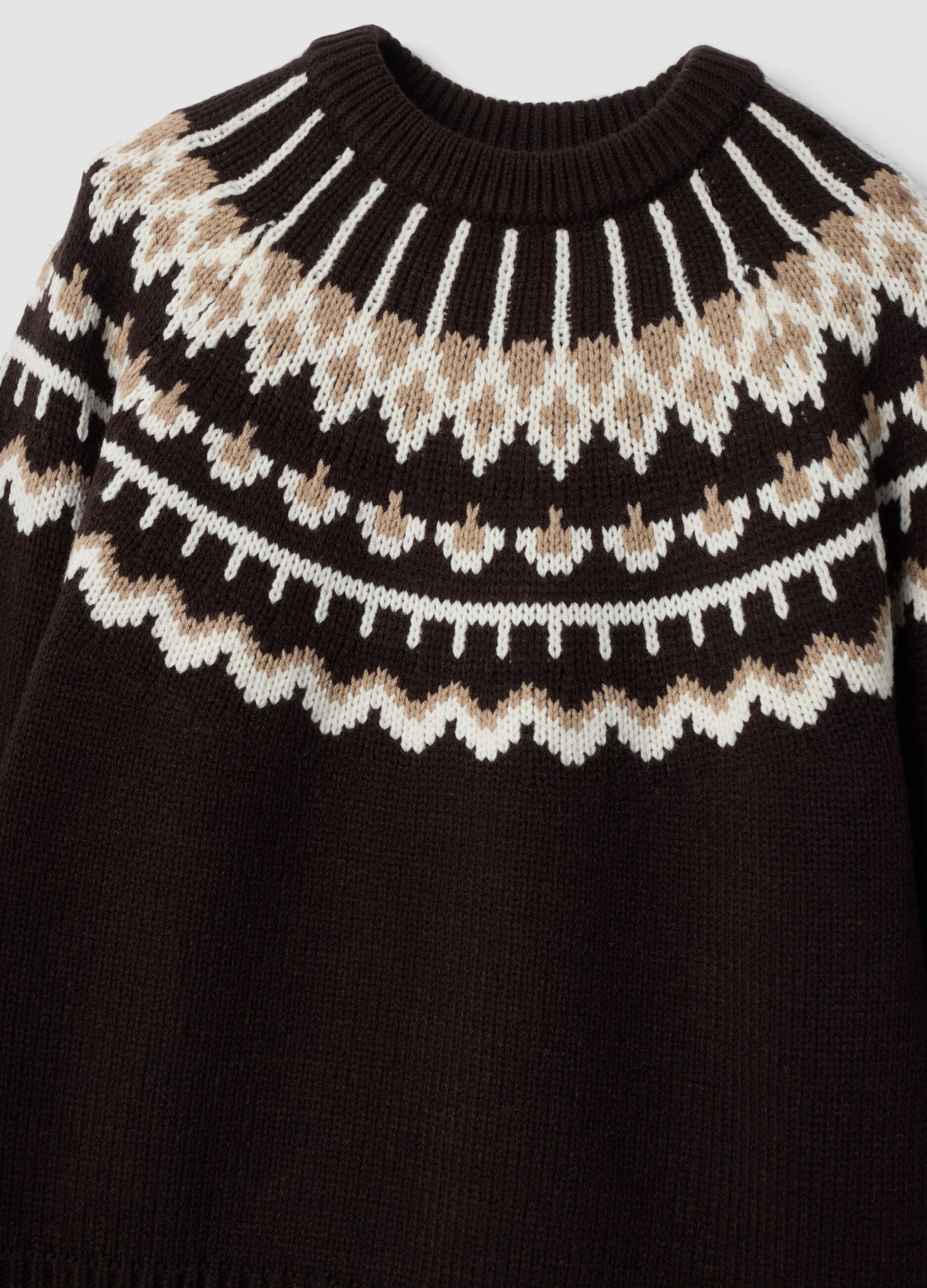 Brown jacquard wool-blend crew-neck jumper, regular fit