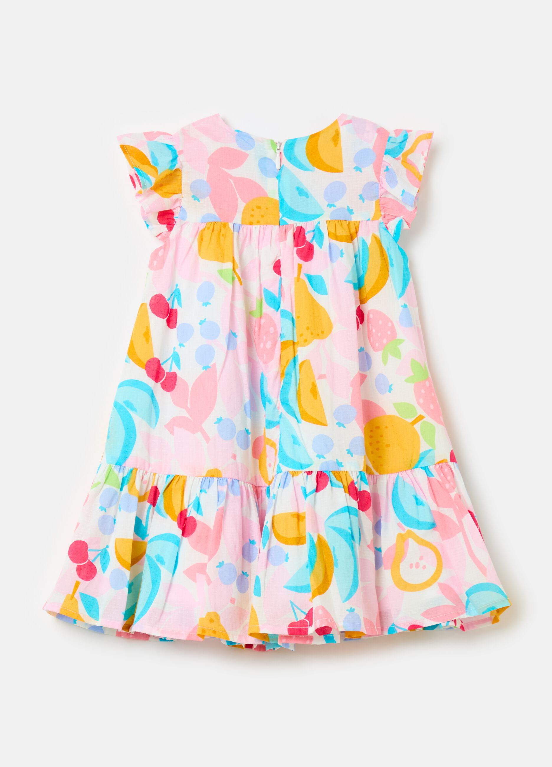 Dress with flounce and fruit print