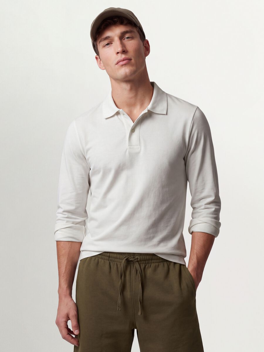 White long-sleeved organic cotton piqu&eacute; polo shirt, regular fit_0