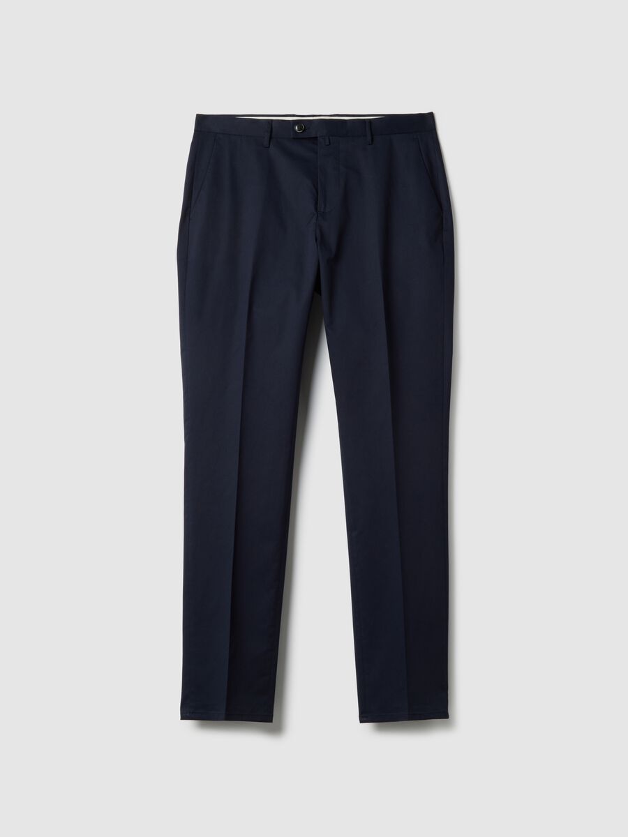 Blue Stretch Cotton Regular Fit Trousers_0