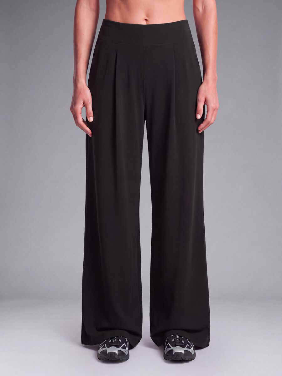 Black wide-leg stretch-fabric trousers_2