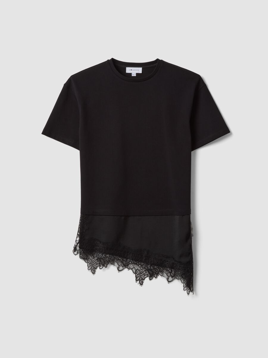 Black pure cotton T-shirt with lace insert, relaxed fit_4