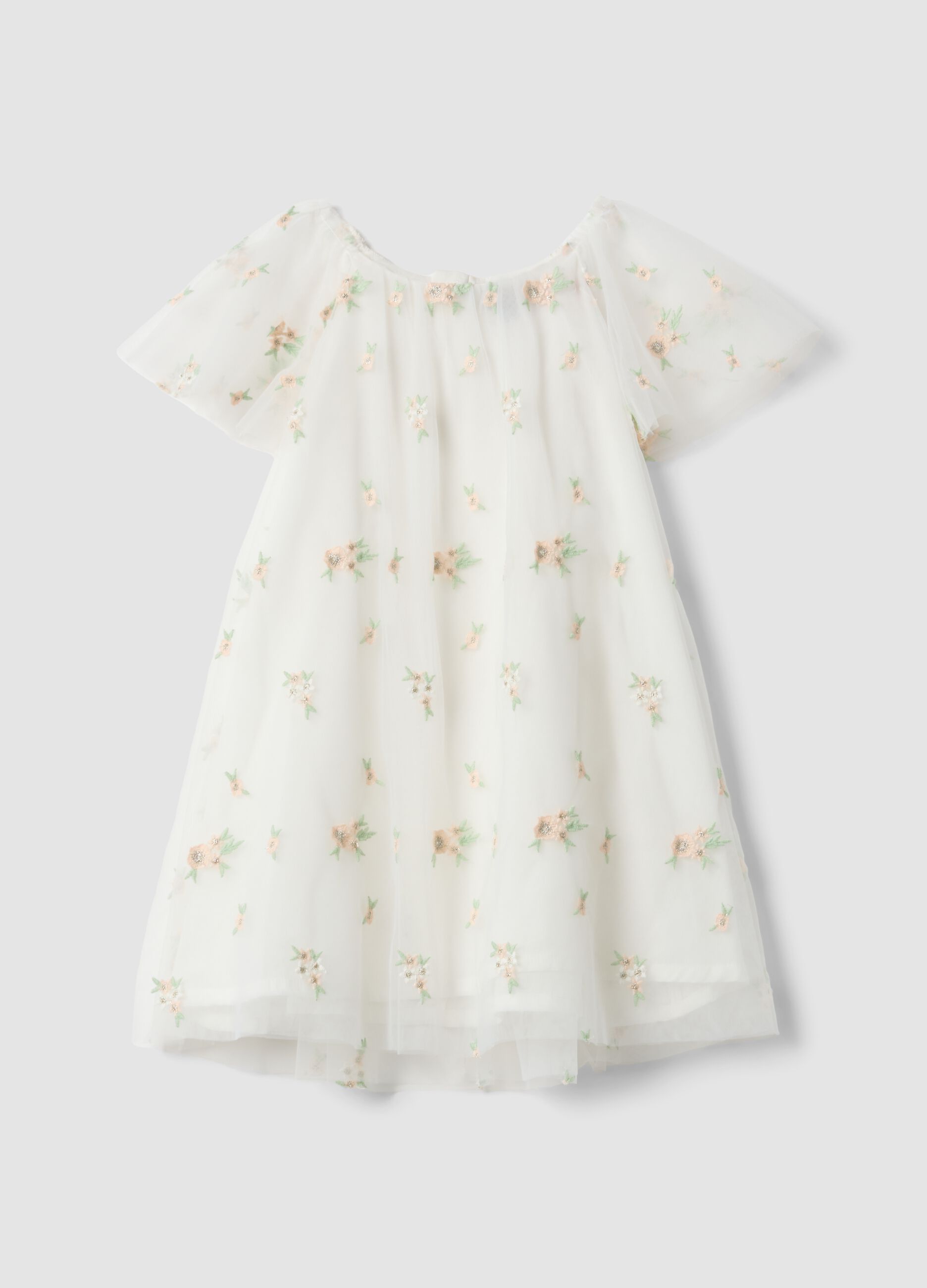 Vestido branco para menina com bordados florais, corte regular