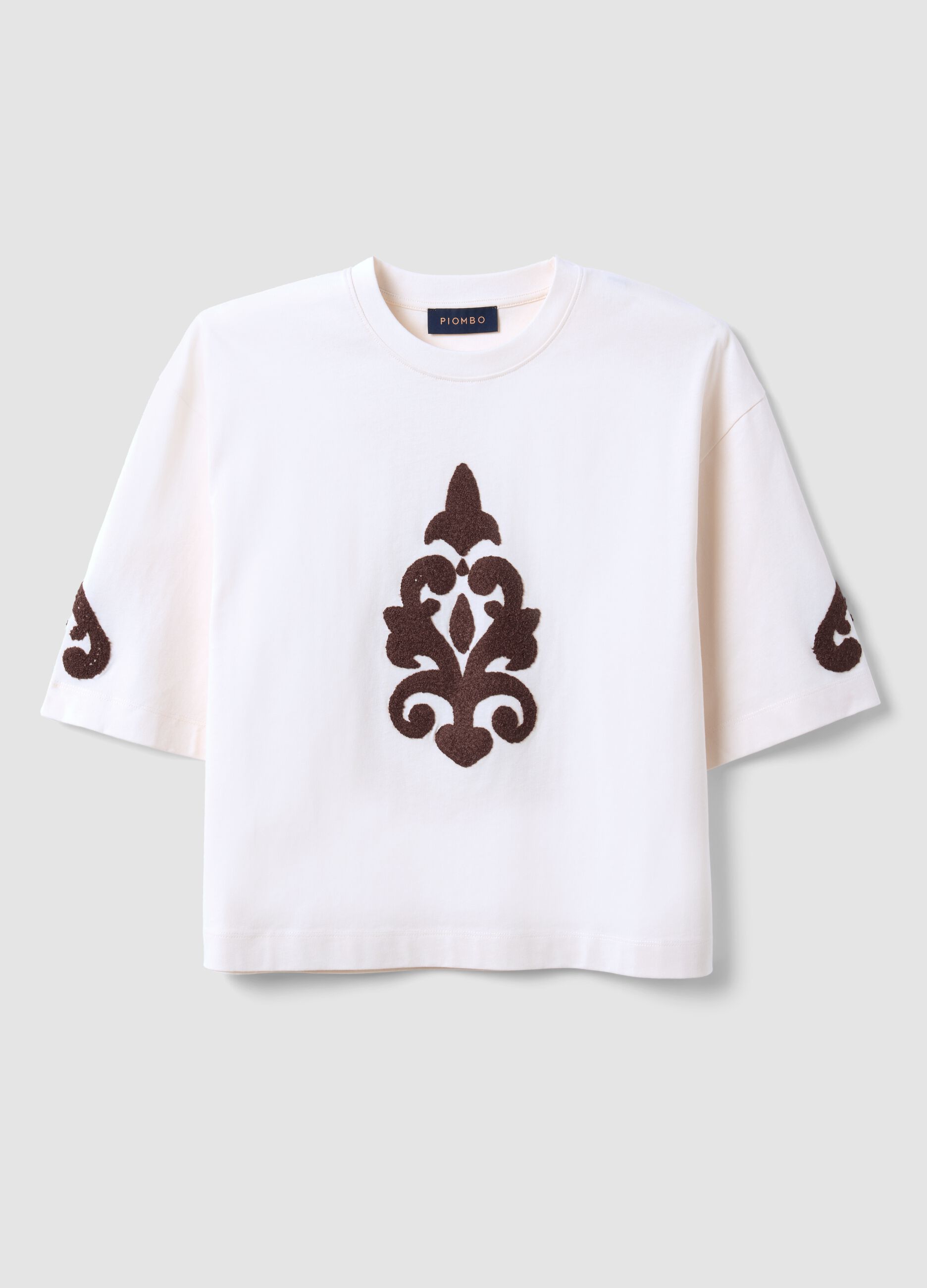 T-shirt bege em algod&atilde;o puro com bordados, corte regular