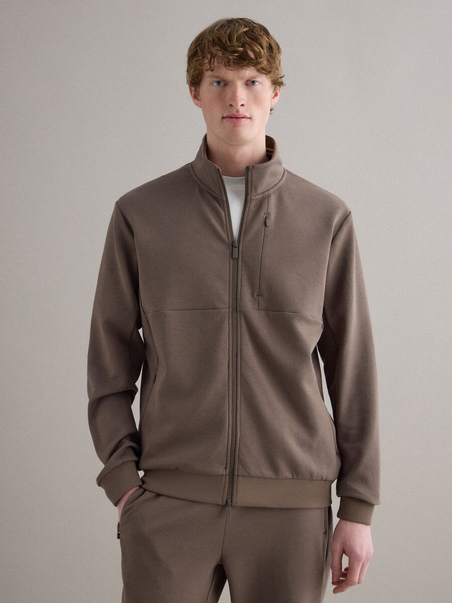 Brown cotton blend regular fit sweatshirt with full zip and high collar_1