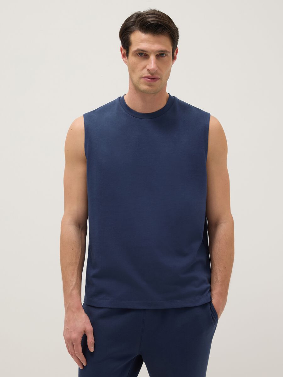 Blue regular fit cotton blend tank top_0