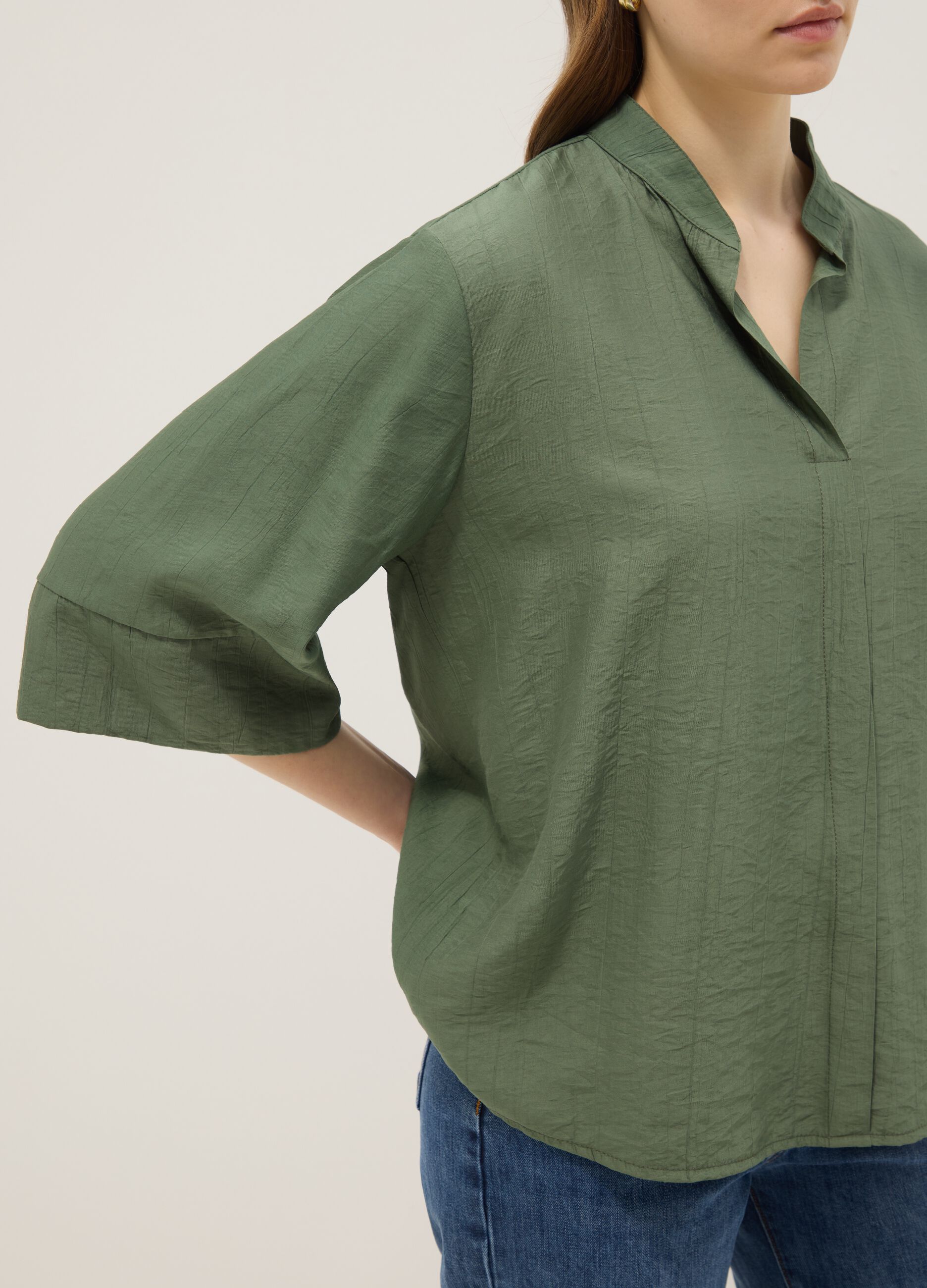 Green viscose-blend regular-fit blouse with Mandarin collar