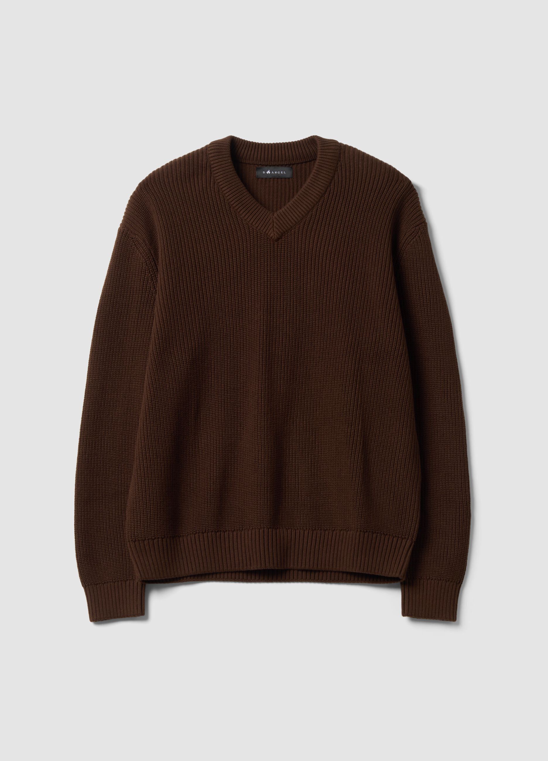 Brauner Pullover aus reiner Baumwolle mit tiefem V-Ausschnitt, Regular Fit