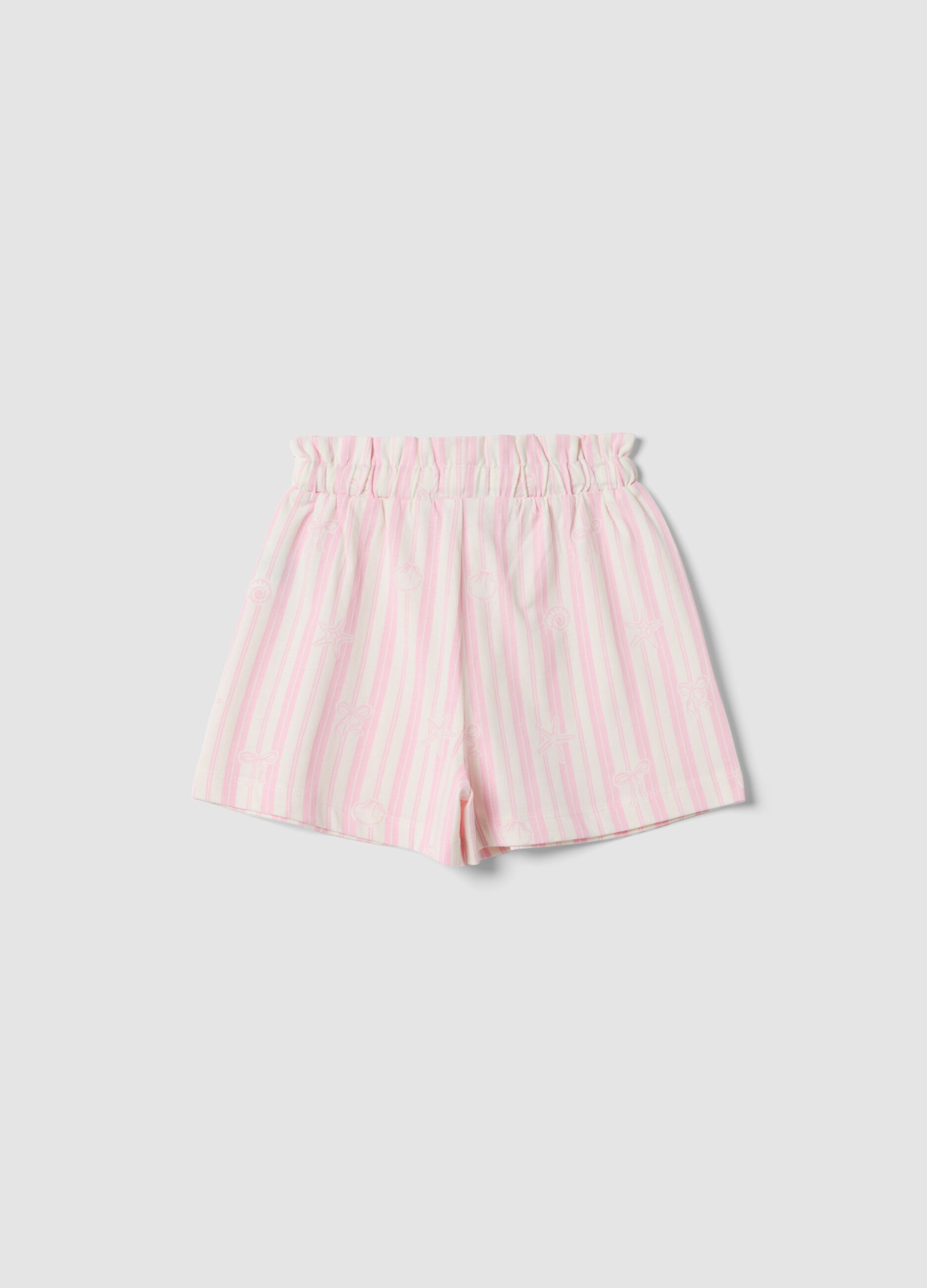 Girls&rsquo; pure cotton white and pink striped shorts with prints