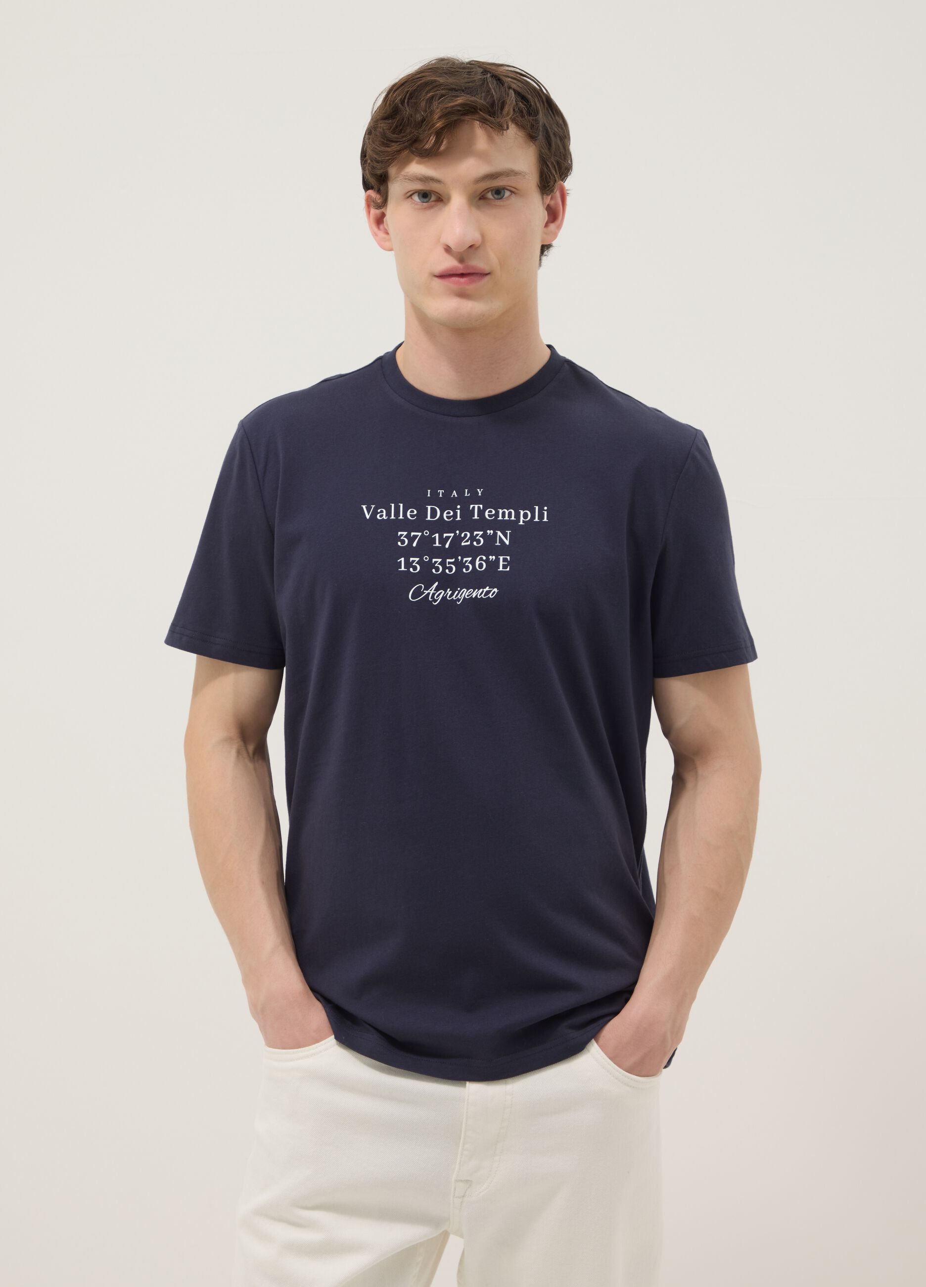 Blaues Kurzarm-T-Shirt aus reiner Baumwolle, Regular Fit
