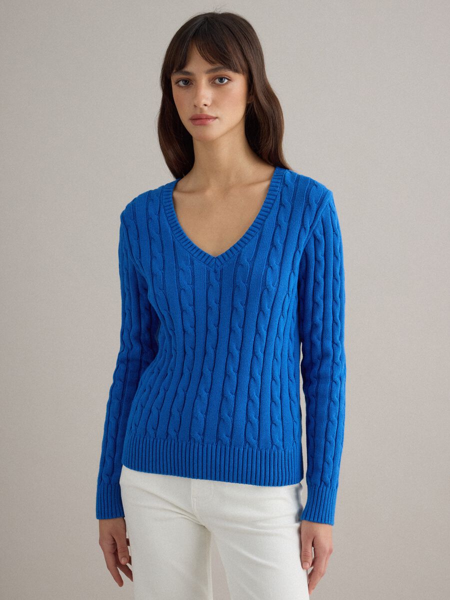 Blue pure cotton regular fit pullover with cable knit_1
