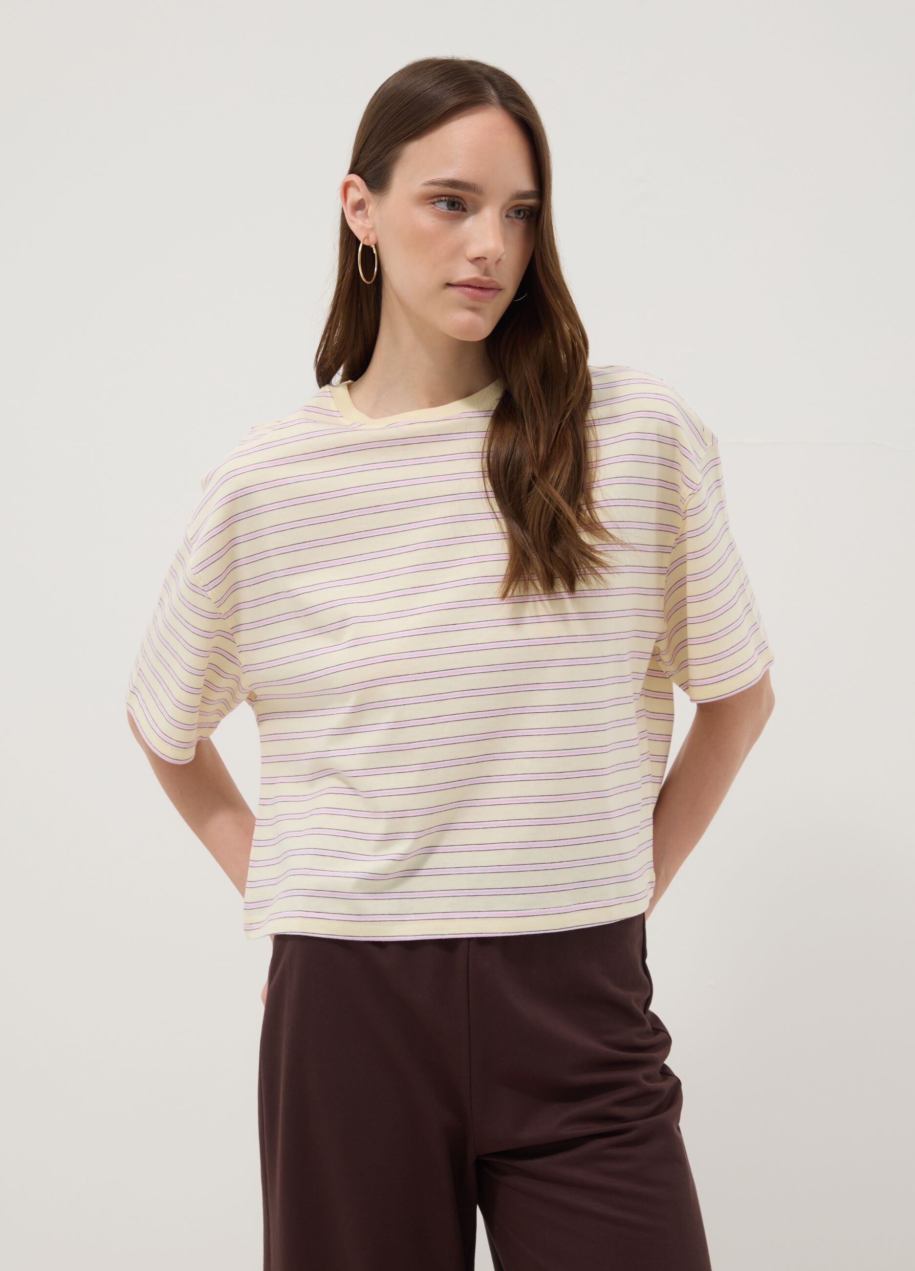 Yellow striped pure cotton T-shirt